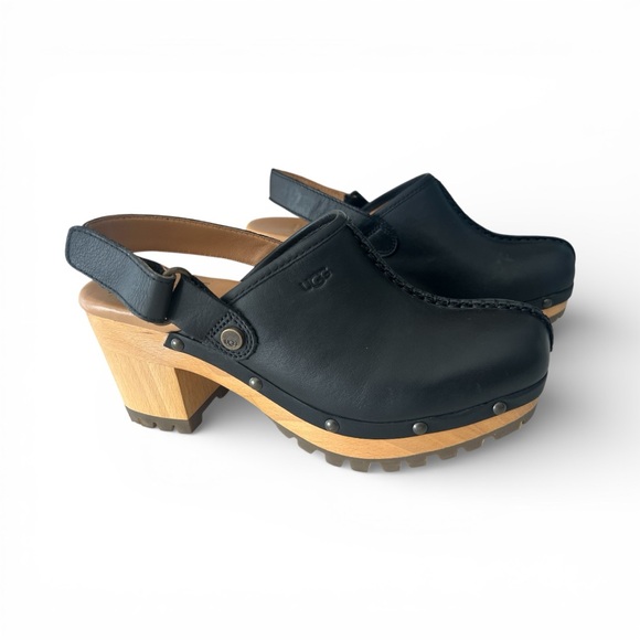 UGG Shoes - UGG Women’s Black Leather Platform Clog Slingback Heels Size 7 Wood Lug Sole